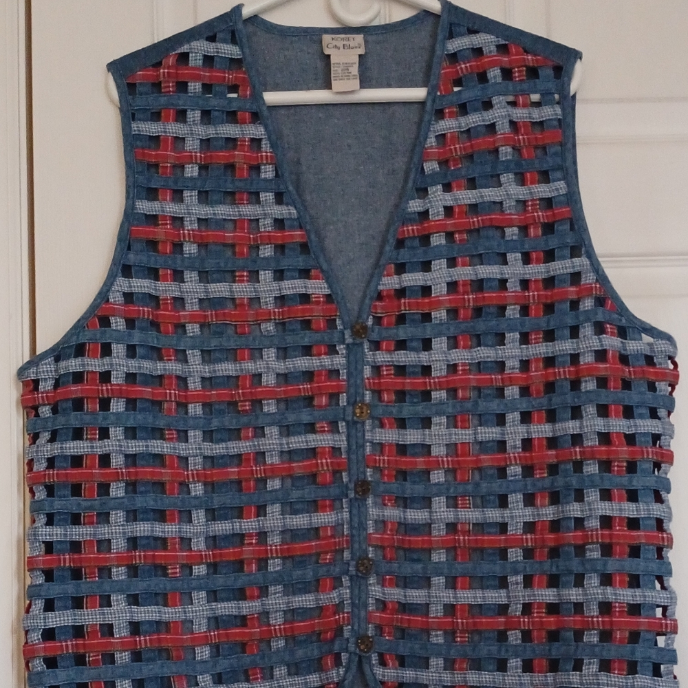 KORET City Blues Jean Vest red blue plaids tie string
